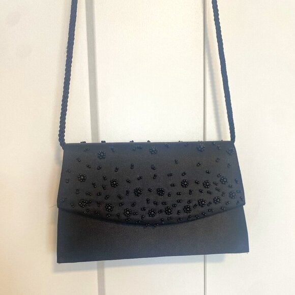 Y2K Black Beaded Satin Clutch Purse Bag - Picture 2 of 6